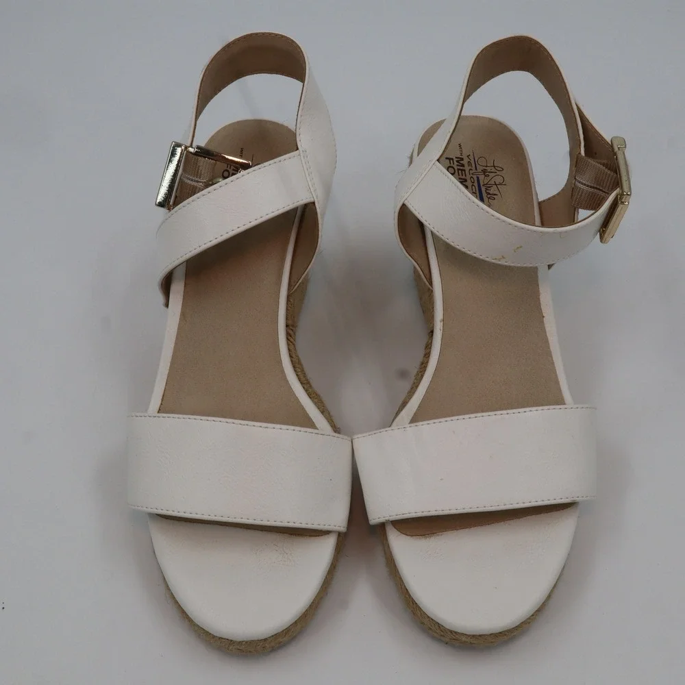 LifeStride Espadrille Wedge Sandals Womens 9.5 White Faux‎ Leather Ankle Strap